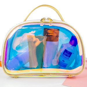 Shiny Iridescence transparent zippered pvc cosmetic bag laser holographic makeup clutch bag shiny toiletry bag for hanging 