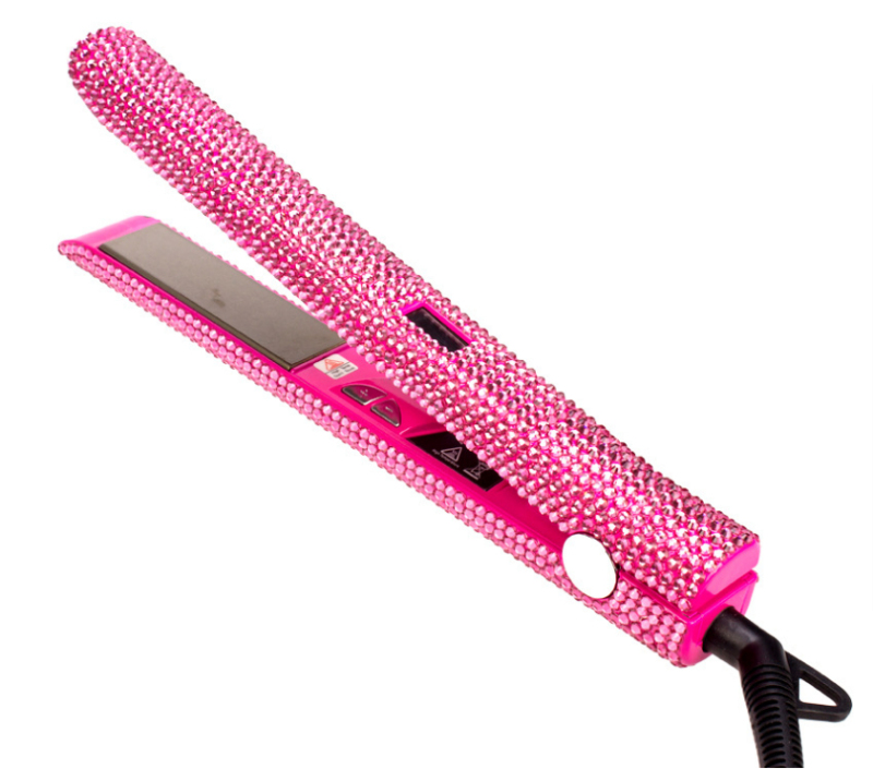 Pink Bling LCD Digital Display Diamond Rhinestones Titanium Plate Bright Plate Hair Straightener 