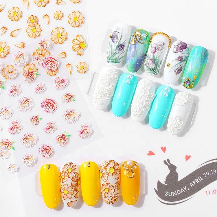 1 Piece 5D Engraving Flower Nail Sticker Colorful Nail Decals Embossed Flower Nail Tool Decoration 