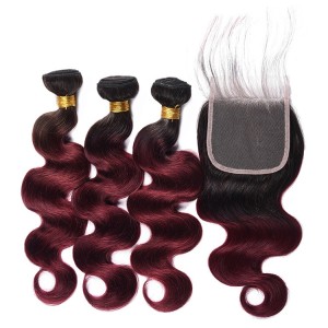 New Arrival Wholesale Ombre Color Virgin Brazilian Human Hair Bundles With Lace Closure 