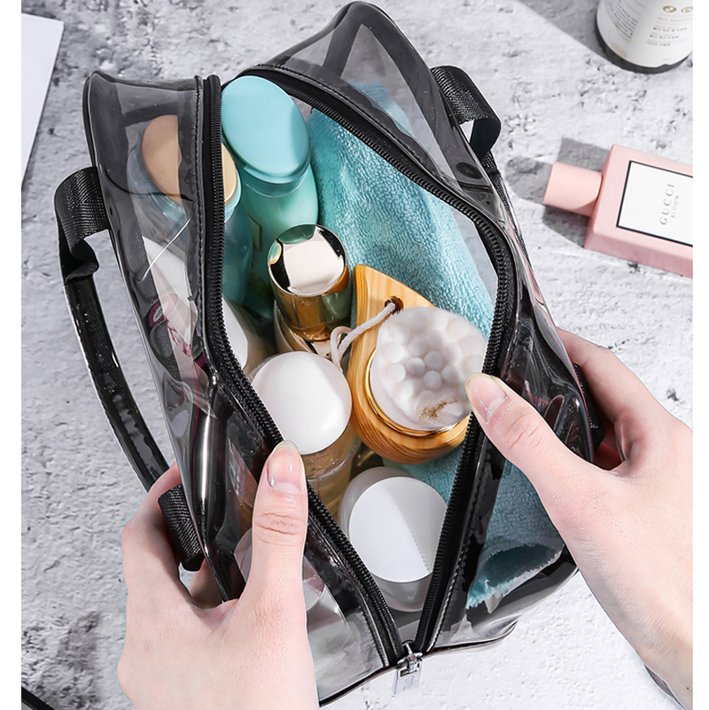 Custom Logo PVC Beauty Transparent Cosmetic Bag Waterproof Portable Wash Organizer Bag with Handle Zipper Toiletry Bag