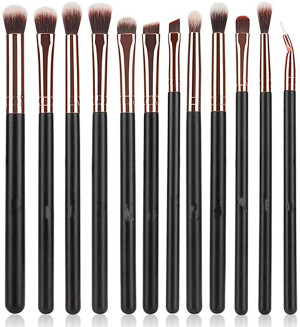 12pcs Rose Gold Eyeshadow Makeup Brushes Set with Soft Synthetic Hairs & Real Wood Handle
