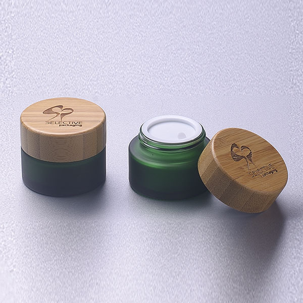 Frosted glass bottle  cream jar with bamboo lid