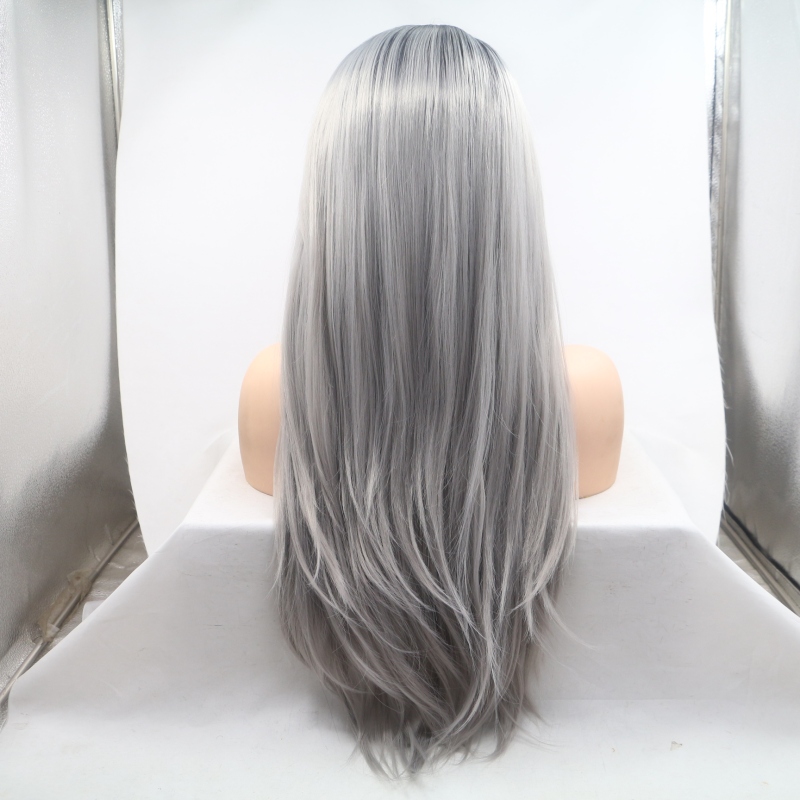 Wholesales long straight hair grey color lace front wigs synthetic hair wig for women 