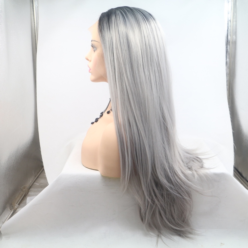 Wholesales long straight hair grey color lace front wigs synthetic hair wig for women 