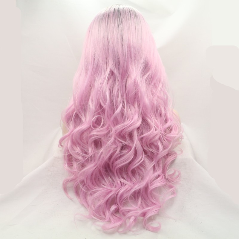 Wholesales pink color natural wave synthetic hair wigs lace front wig for women 