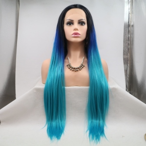 Wholesales blue color long straight hair synthetic hair lace front wig for women 