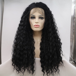 Wholesales black color deep wave synthetic hair wig lace front party wig 