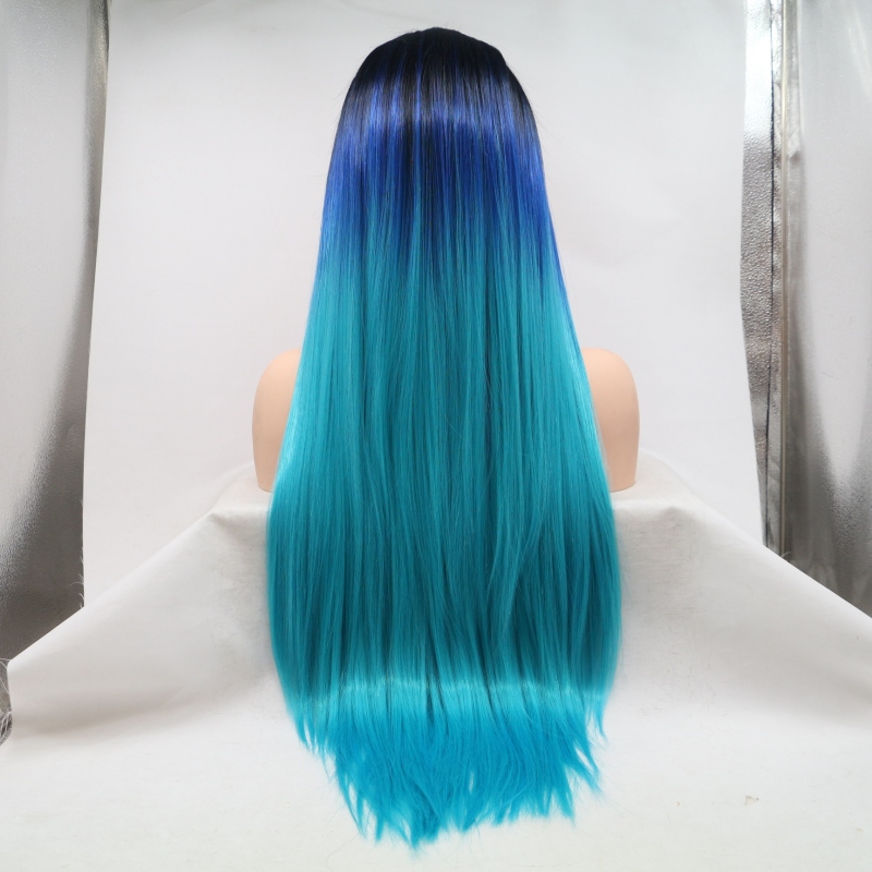 Wholesales blue color long straight hair synthetic hair lace front wig for women 