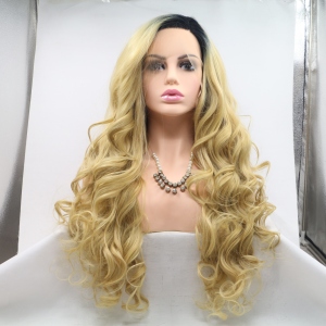 Wholesales Natural Wave blonde color dark roots synthetic hair wigs lace front wigs for women 