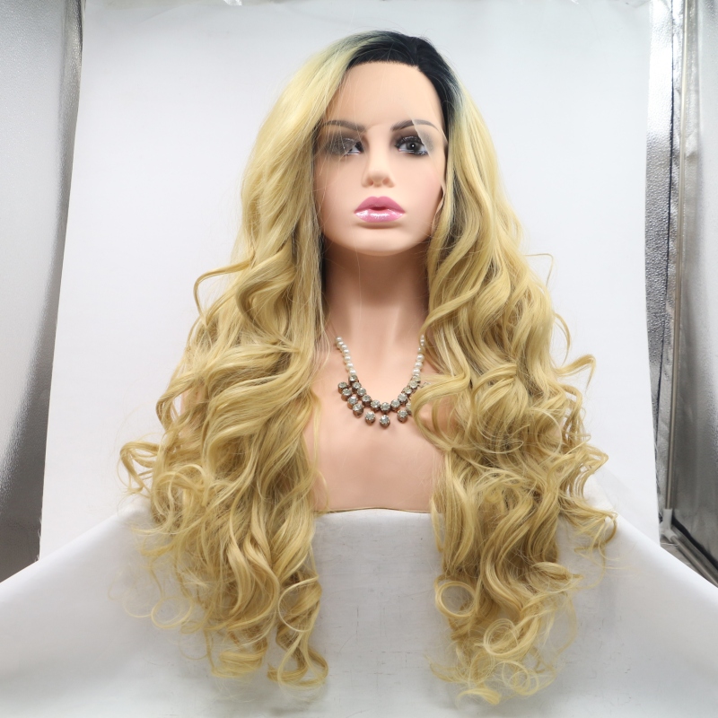 Wholesales Natural Wave blonde color dark roots synthetic hair wigs lace front wigs for women 