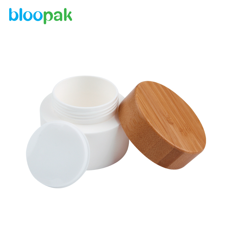 Hot Sale Eco Friendly Bamboo Lid Glass Cosmetic Jars- 8 oz / 250ml PET plastic cosmetic jars 