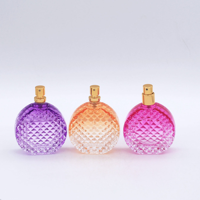 design gradual coating purple color round 100ml clear perfume spray bottle glass