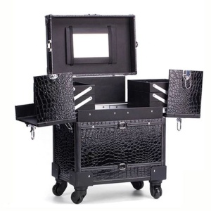 Large Rolling Make Up Artist Train Case Removable Wheels Professional Makeup Case With Compartemts and Mirror 
