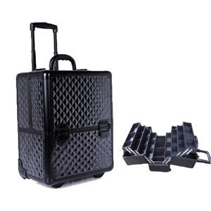 Professional 3D Diamond Pattern Rolling Makeup Case Large ABS Cosmetic Kits Trolley Case With Divider and Layers Inside 