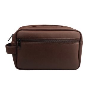 High Quality Dark Brown PU Men Toilet Bag Soft PU Shaving Bag Travel Wash Bag With Carrying Handle 