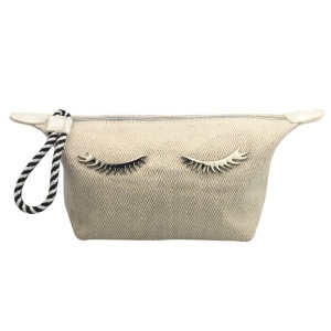 Natural Jute Fabric Ladies Clutch Bag Washable Fabric Cosmetic Gift Bag With Two Pairs Silver Metal Eyelash Decoration 