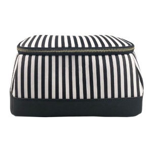 Customize Printing White And Black Stripe Design Portable Makeup Storage Bag Using Customer s Favorite Saffiano Leather Material 