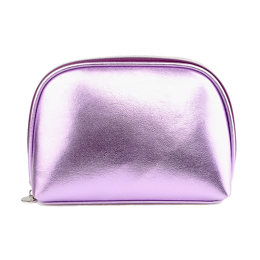 Customize Branded Logo Travel Make Up Bag Shell Shape Purple Pouch With Metallic Silver Zipper