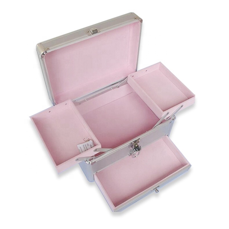 Custom Your Own Logo Makeup Eyelash Extension Train Case Aluminum Portable Case With Lovely Pink Drawers 