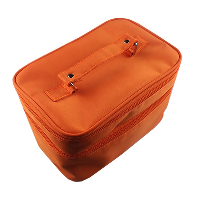 Portable Waterproof Nylon Make Up Box Large Capacity Cosmetic Storage Travel Bag With Two Layer Zip Pockets 