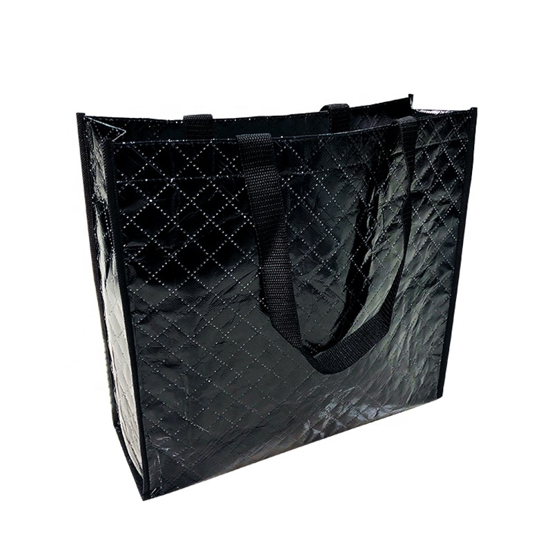 Custom Leather Logo Black Shopping Bag Quilted Design Nonwoven Fabric Bag Reusable Shopping Bags 