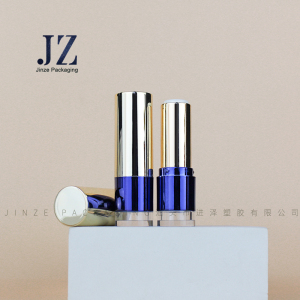 Jinze round shape lipstick tube spray gold lid and blue bottle with transparent bottom lip balm packaging