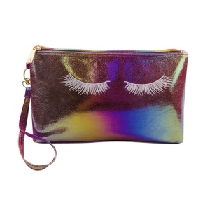 Hot Selling Popular Women Eyelash PU Cosmetics Bag Leather Makeup Bag Holographic Hologram With Wrist