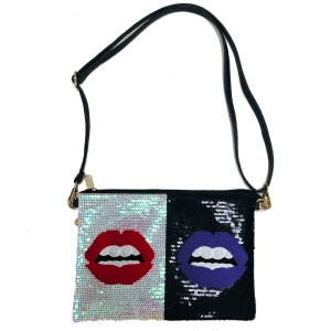 Charming Indian Embroidered Lip Pattern Clutch Hand Bag Sequin Cosmetic Makeup Crossbody Bag With Adjustable Shoulder Strap 