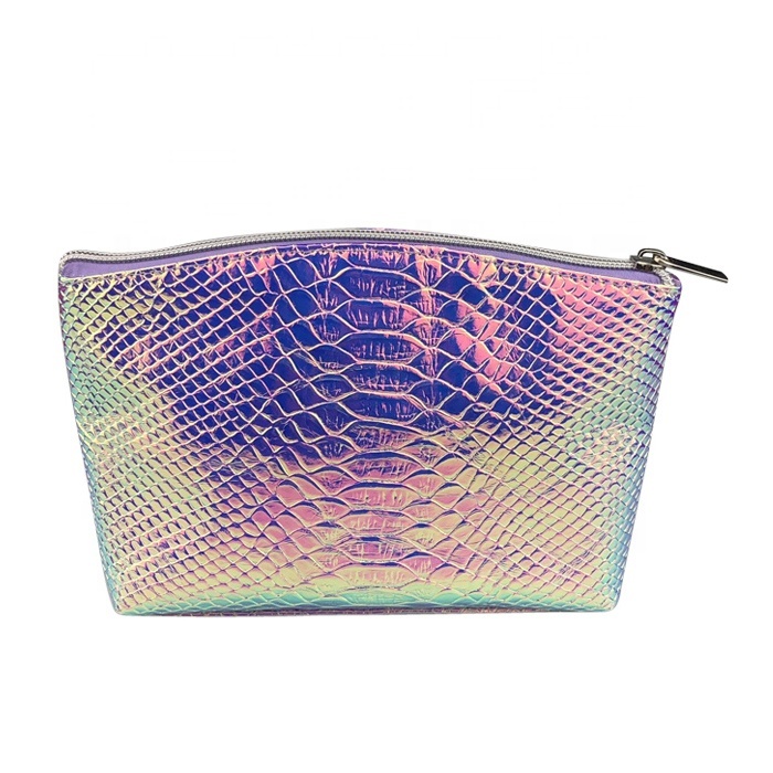 Trendy Holographic PU Makeup Bag Colorful Crocodile Pattern Women Cosmetic Bags Accept Custom Logo 