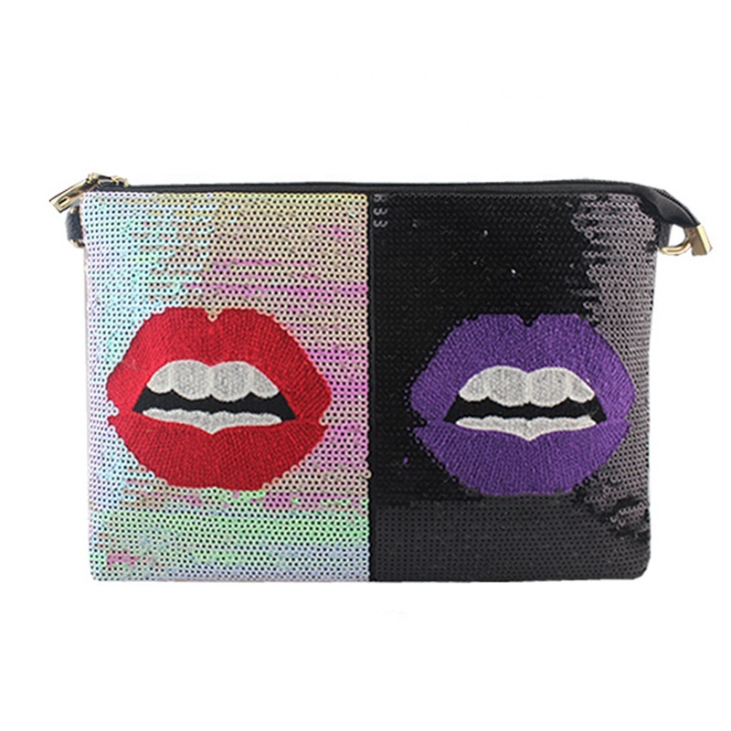 Charming Indian Embroidered Lip Pattern Clutch Hand Bag Sequin Cosmetic Makeup Crossbody Bag With Adjustable Shoulder Strap 