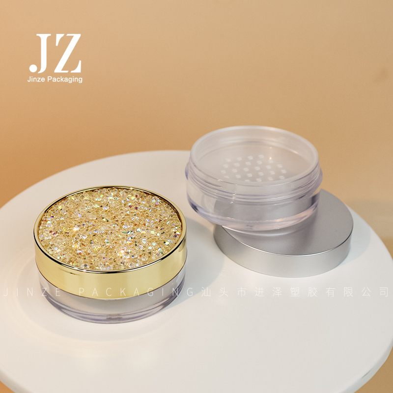 Jinze empty loose powder case 4 kinds of lid round loose powder container with mirror and pearl