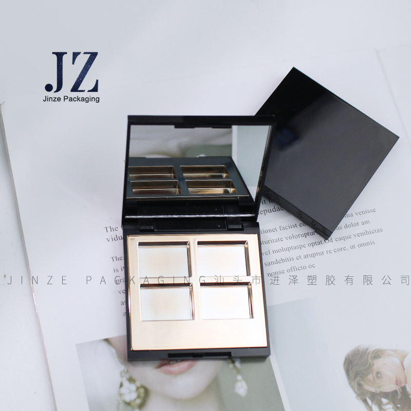 Jinze 4 colors square glossy black eye shadow blush case with mirror empty eyeshadow palette plastic boxes