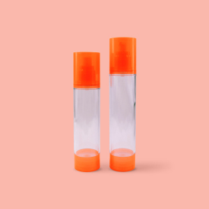 Custom Shape AS Vacuum Hygiene Luxury Orange Clear Bottle Airless Pump Bottle Metal Finish with Clear Cap