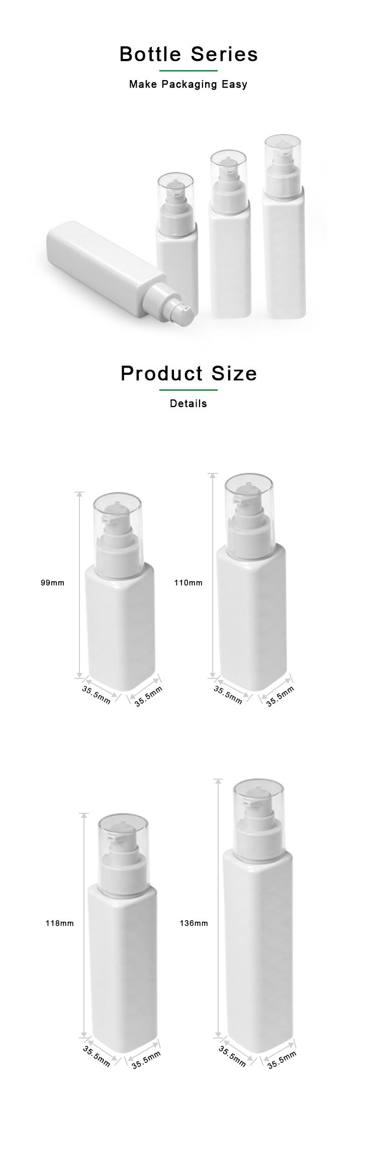 80ml 100ml 120ml 150ml skincare cosmetic packaging pet white square lotion pump bottle with cap