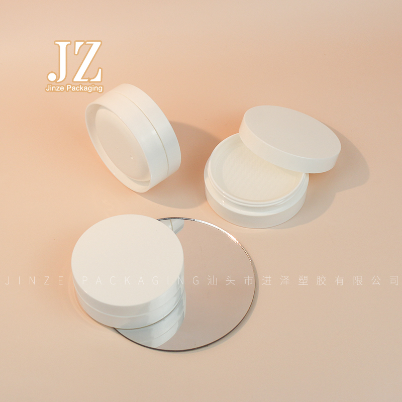 Jinze classic round shape loose powder case with elasticated net simple makeup powder jar