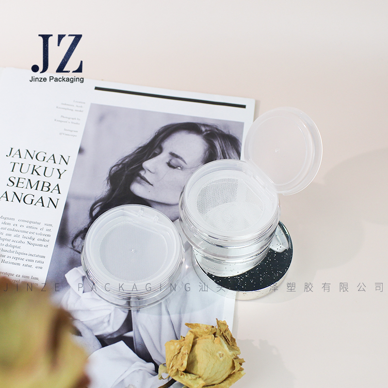 Jinze round shape loose powder case spraying little water drops PCR face powder container
