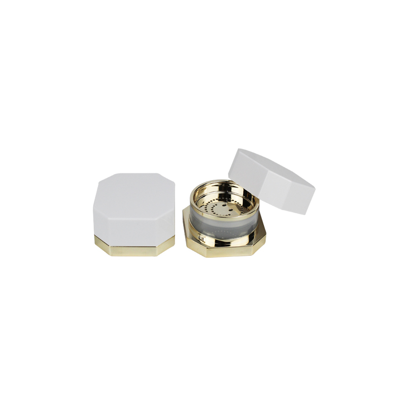 Jinze octagon loose powder case with smile sifter white and gold face powder jar