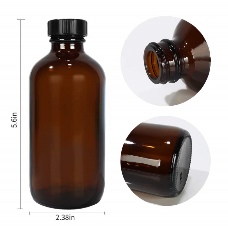 Amber Boston Round Glass with Black Ribbed Cap for Homemade Vanilla Extract, Essential Oils