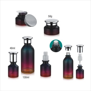 Empty gradient color glass lotion pump bottle cosmetic jar and toner bottle with aluminum cap