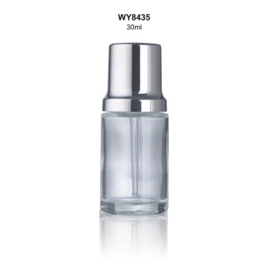 DEMEI  30 ml cosmetic clear glass pipette bottle with shinny silver aluminum child proof press pump dropper
