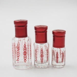 Custom LOGO Aluminum Sliver Cap Octagon Perfume Oud oil Attar Tola Glass Bottle