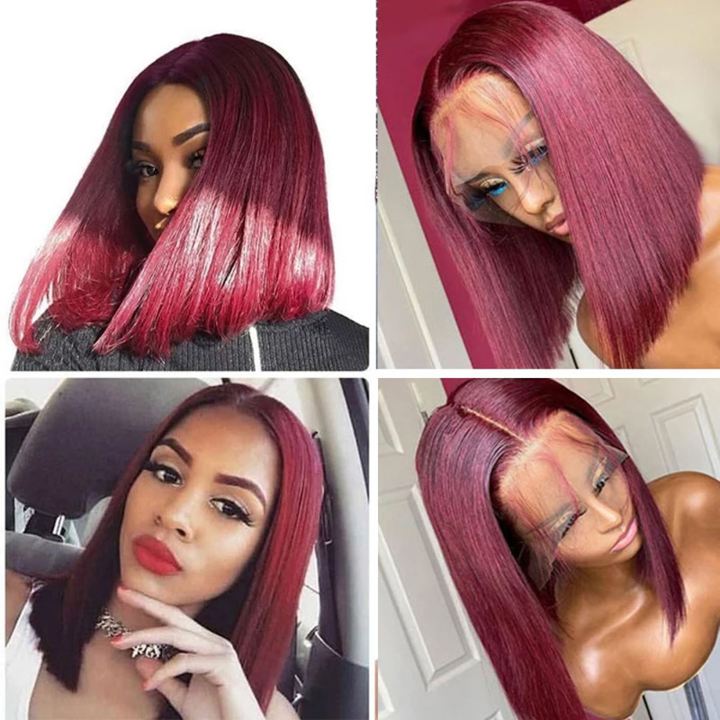 99J Burgundy Short BoB Wig Straight Colored Human Hair Wigs For Women Dark Red Lace Part Wig Pre Plucked Remy Hair
