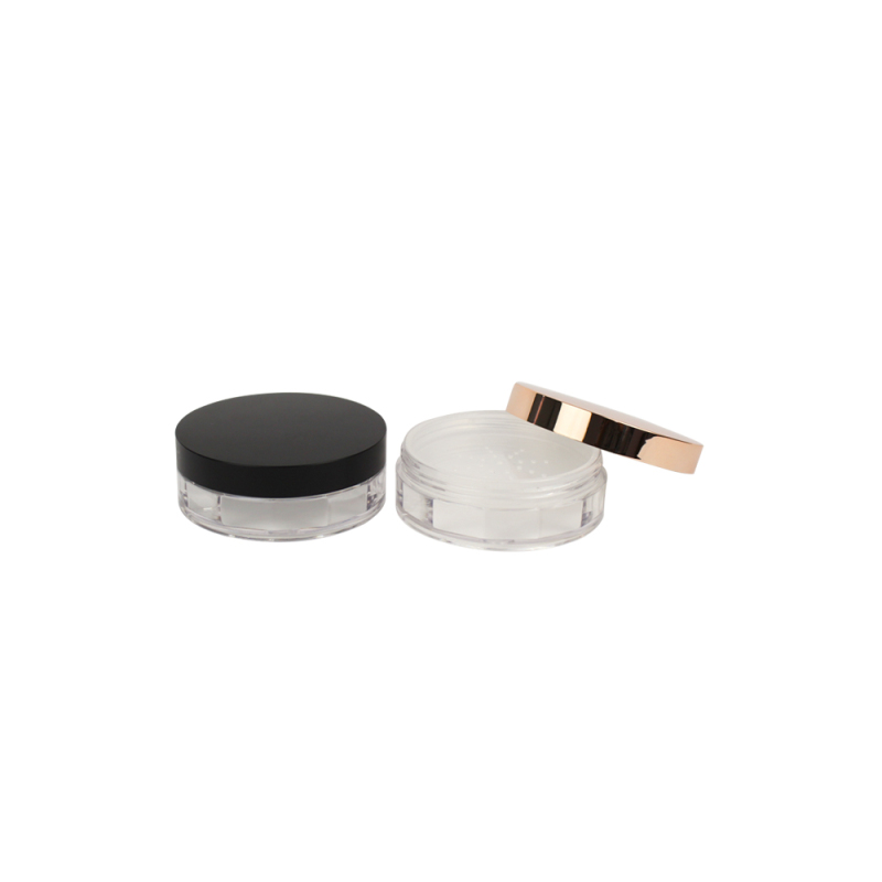 JZ round shape gold and black lid with transparent bottle loose powder container jar with sifter 