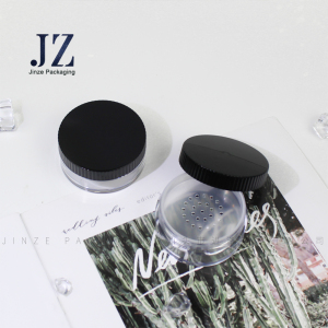 Jinze round loose powder container with sift gear iace lid and clear bottom loose powder jar