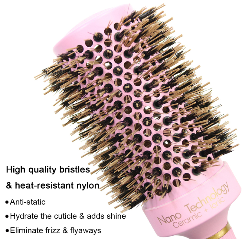 Professional salon ceramic round boars hair brush pink round brush for Blow Drying