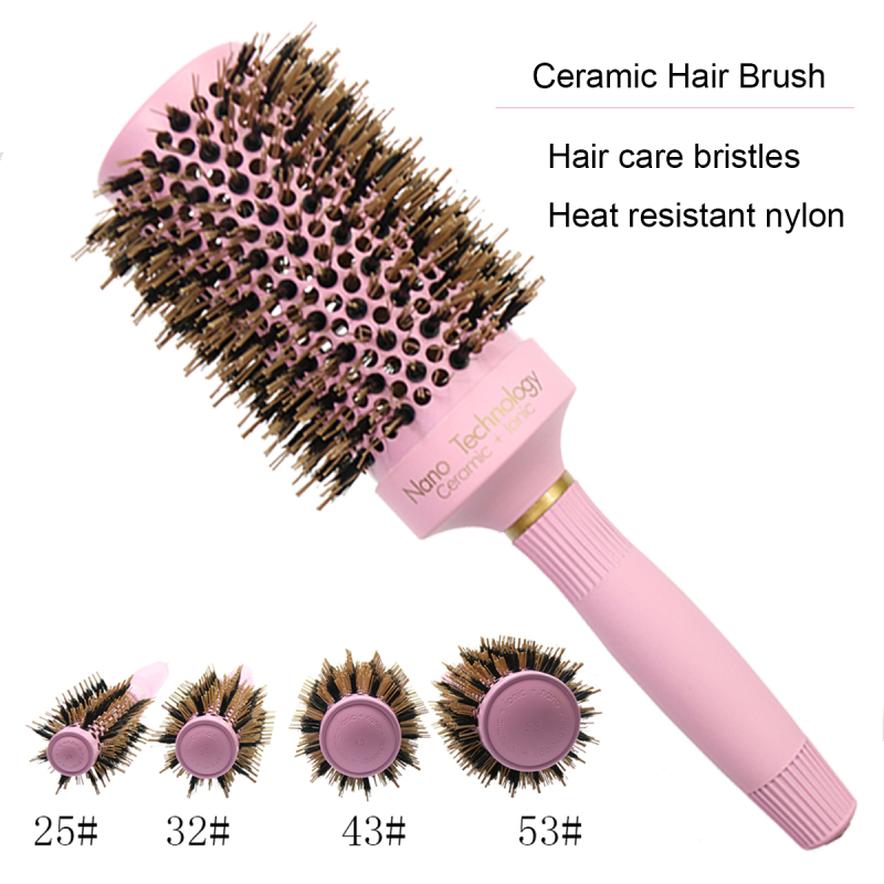 Professional salon ceramic round boars hair brush pink round brush for Blow Drying