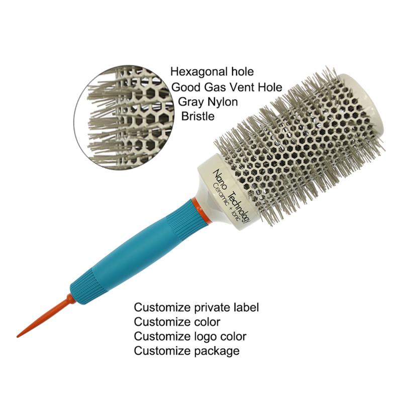 Round hexagonal hole  ceramic brush  nylon bristle brush ionic heat resistant custom hair brush