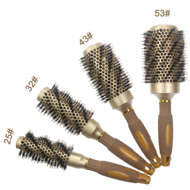 Wholesale Custom Logo Gold Aluminum Tube Nano Boar Bristle Ceramic Brush Round Styling Hair Brush for Salon